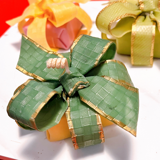 Gift Box Candle- honey box with textured dark forrest green lace